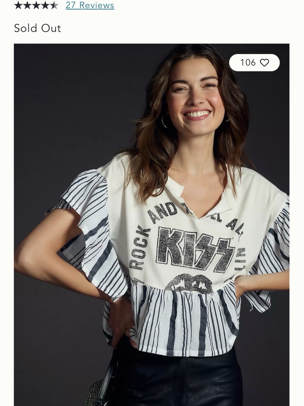 Anthropologie White and Black Striped Graphic Flutter-Sleeve Crop Top